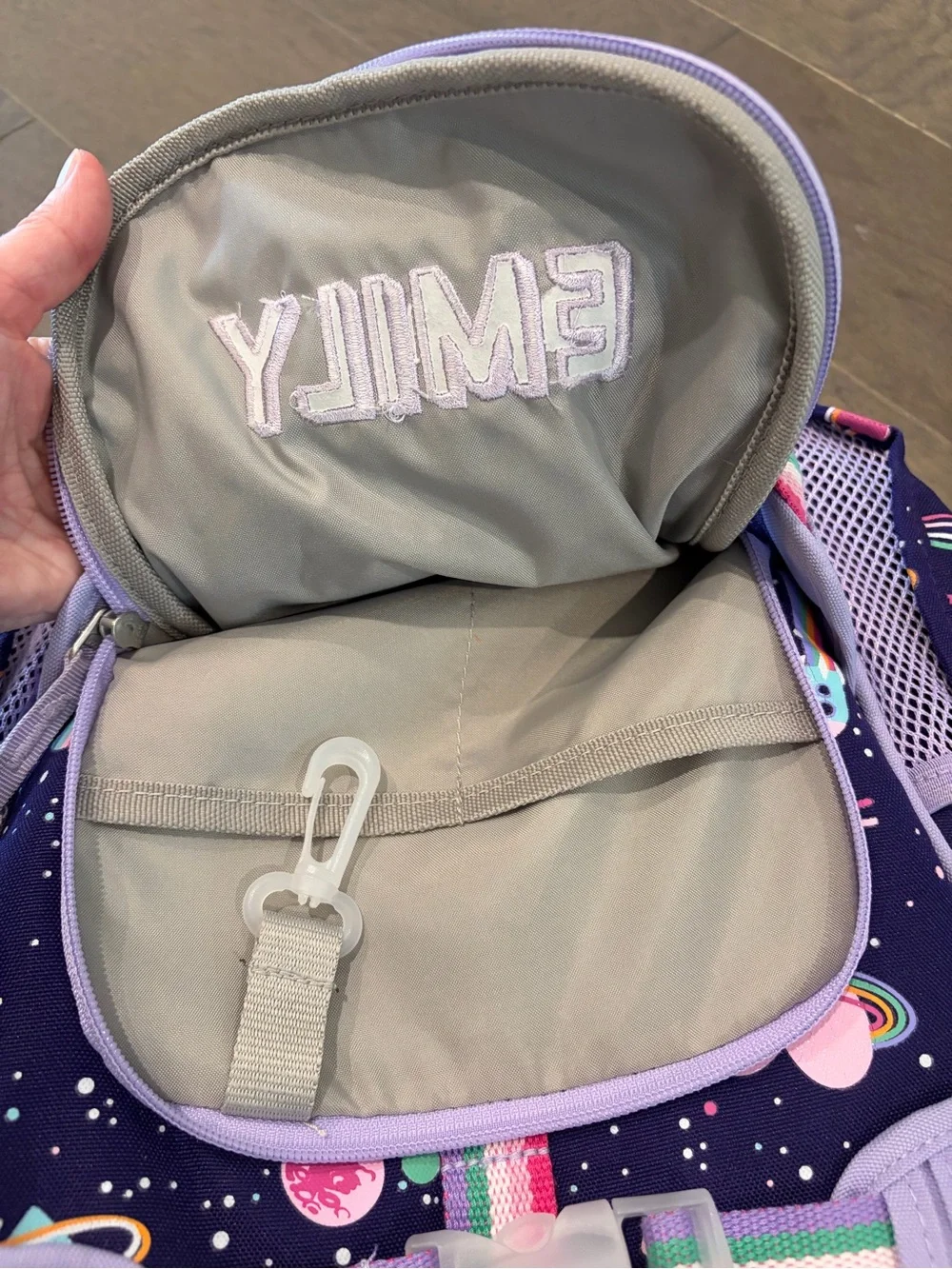 “Emily” SMALL PBK backpack, 15”, purple rainbow heart galaxy. USED